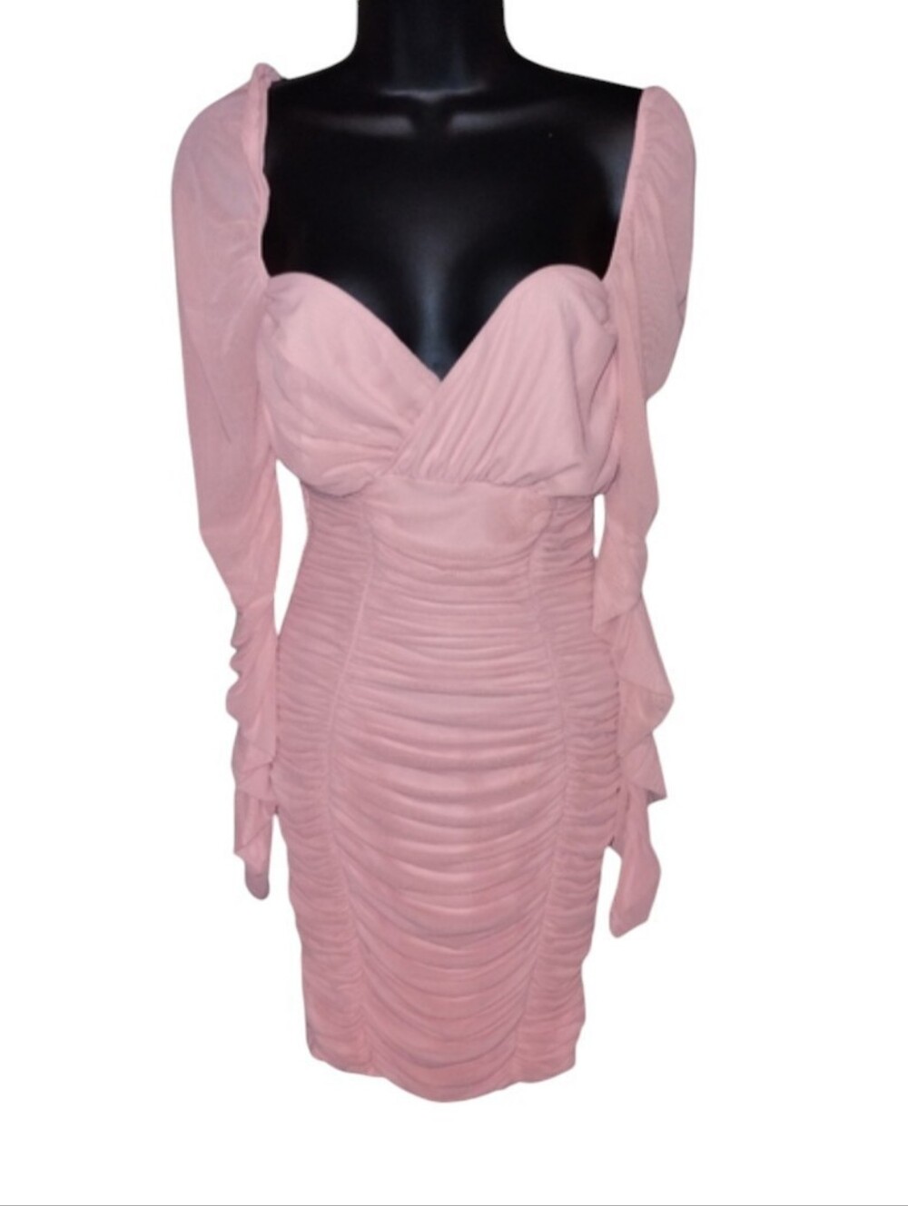 Oh Polly Romantic Sexy pink dress, ruched bodice long sleeve, size 6